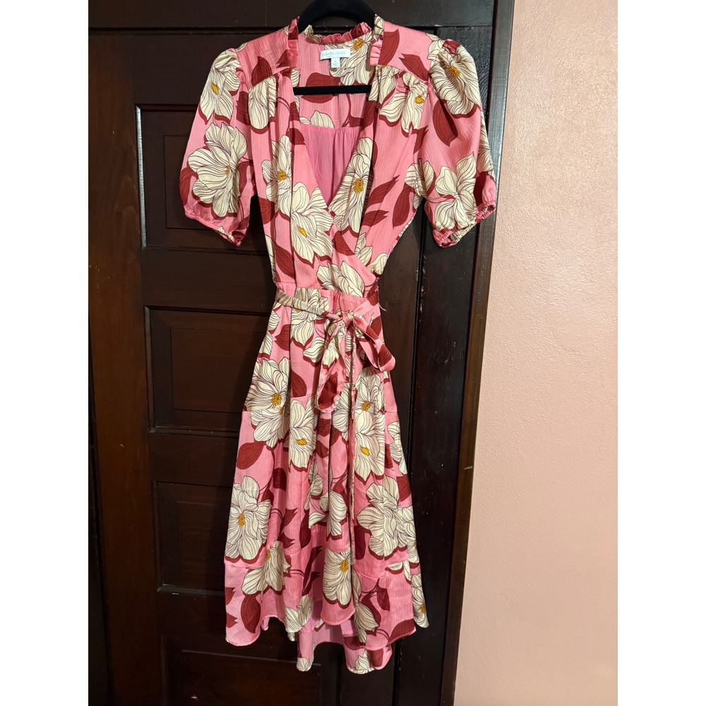 Draper James Pink Floral Magnolia Wrap Midi Dress Short Puff Sleeve Small